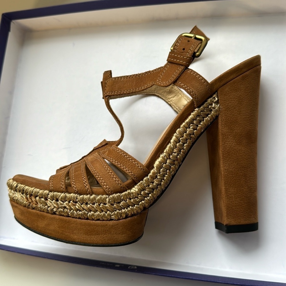 Stuart Weitzman tempo platform sandals luggage Rice nubuck